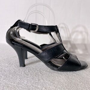 Vintage Euro Soft Black Leather Heels Sandals Strappy Gladiator Shows Peep Toe 9